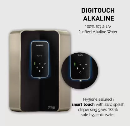 HAVELLS Digitouch Alkaline 6 L RO + UV + UF + TDS Water Purifier 8 Stages, Smart touch dispensing, Double UV Purification and Patented Alkaline water technology (Black) HAVELLS Digitouch Alkaline 6 L RO + UV + UF + TDS Water Purifier 8 Stages, Smart touch dispensing, Double UV Purification and Patented Alkaline water technology (Black)